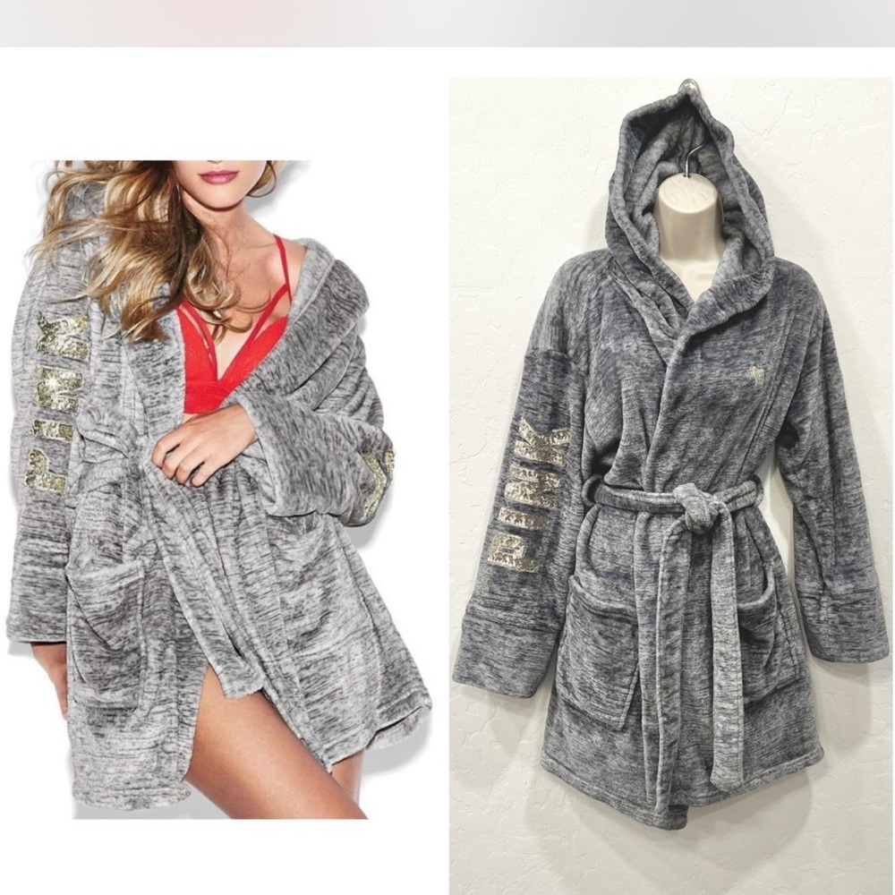 Victoria’s Secret PINK Gray Sequin Bling Plush Velour Robe - Size XS/S